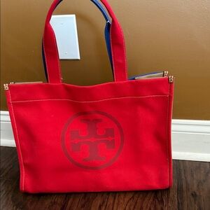 Tory Burch Red and Blue Canvas Tote